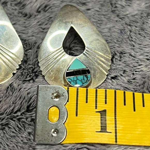 Blue Turquoise Black Onyx Navajo Sterling Silver Inlay  Vintage Turquoise Onyx Inlay Sterling Silver Teardrop Style Pierced Earrings